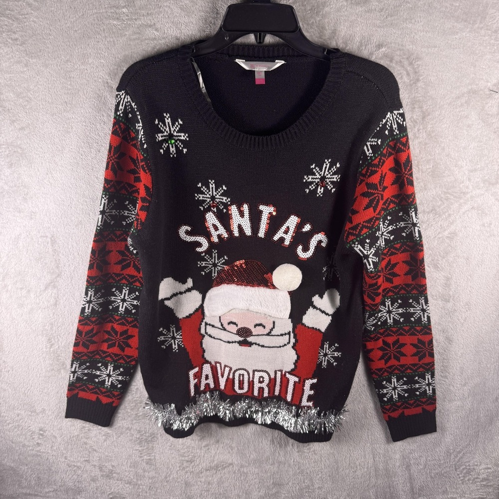 No Boundaries Sweater Juniors XL Black Santa Favorite Ugly Christmas Tinsel